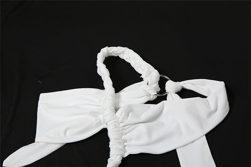 White halter top with metal ring from Summer Backless Slit Stitching Strap Irregular Dress Women featuring langry fashion and ملابس style