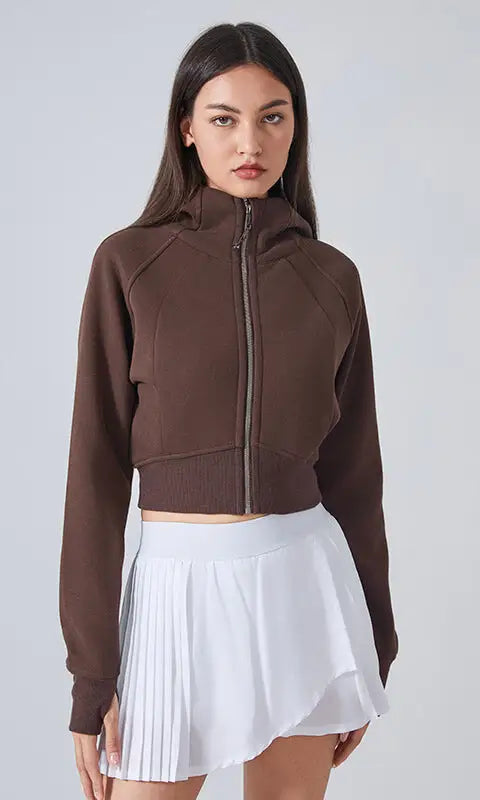 Brown cropped hooded cardigan sweater with white skirt