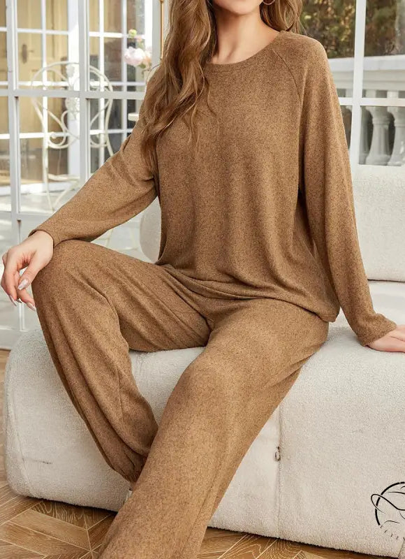 Woman in winter long sleeves two piece set with ankle tied pants