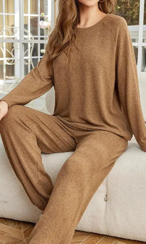 Woman in winter long sleeves two piece set with ankle tied pants