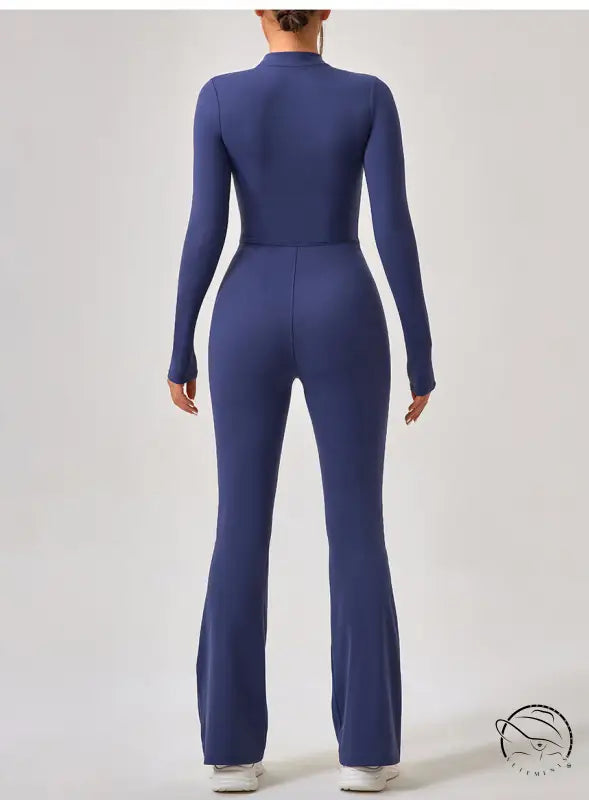Navy blue long-sleeved one piece sportswear jumpsuit with flared legs