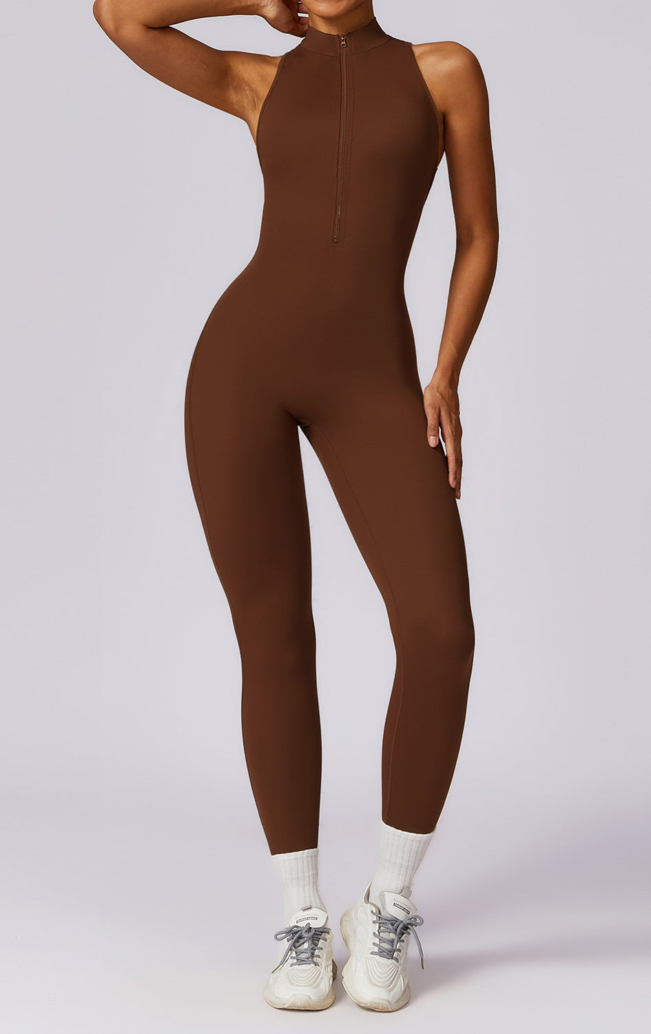 Sleek brown high-neck langry fashion yoga jumpsuit with front zipper