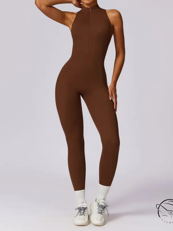 Sleek solid brown high-neck langry fashion yoga jumpsuit with front zipper