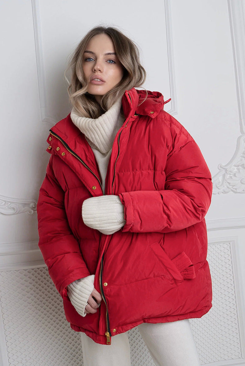 Red quilted puffer jacket with high collar and gold zipper, perfect for langry fashion and ملابس