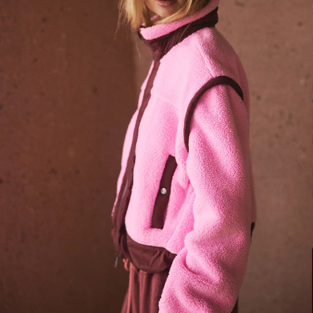 Pink fleece jacket with brown trim from the Outdoor Lambswool Cardigan Zipper Coat fashion