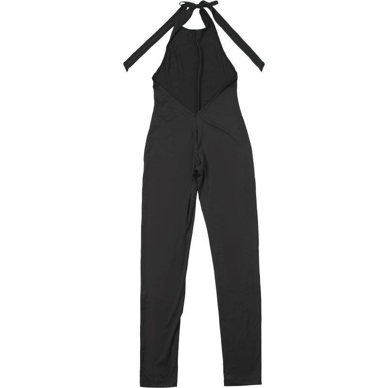 Black halter lace-up bare back jumpsuit showcasing elegant fashion and ملابس style