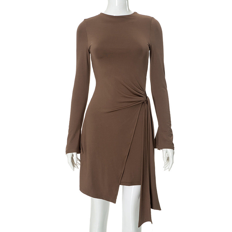 Brown long-sleeved mini dress with side knot for casual fashion and ملابس styling
