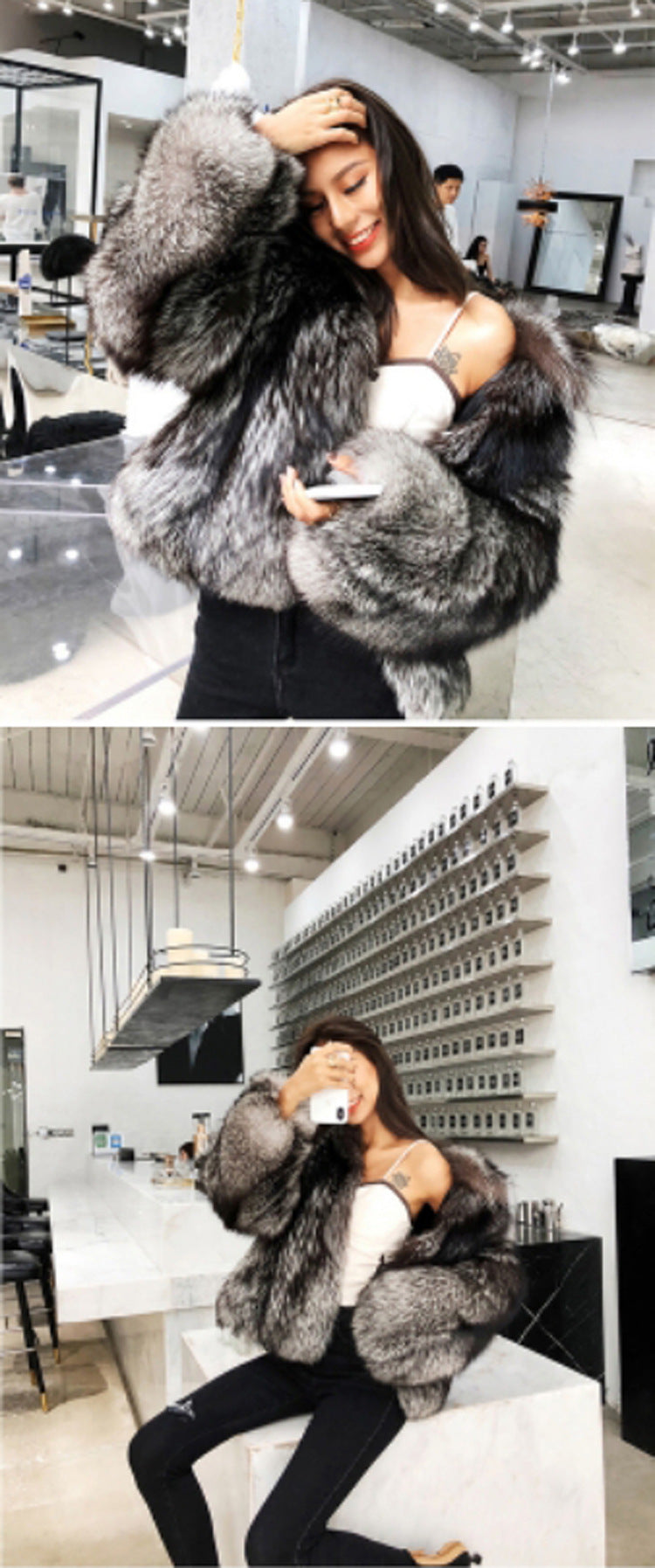Luxurious grey and black faux fur coat with a plush texture for stylish winter fashion
