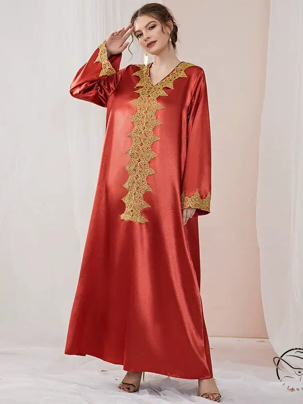 Elegant red satin abaya with gold embroidery, langry fashion ملابس