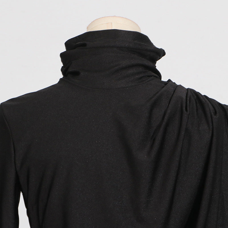 Black turtleneck shirt with gathered neck detail from Elegant Socialite Dress fashion collection