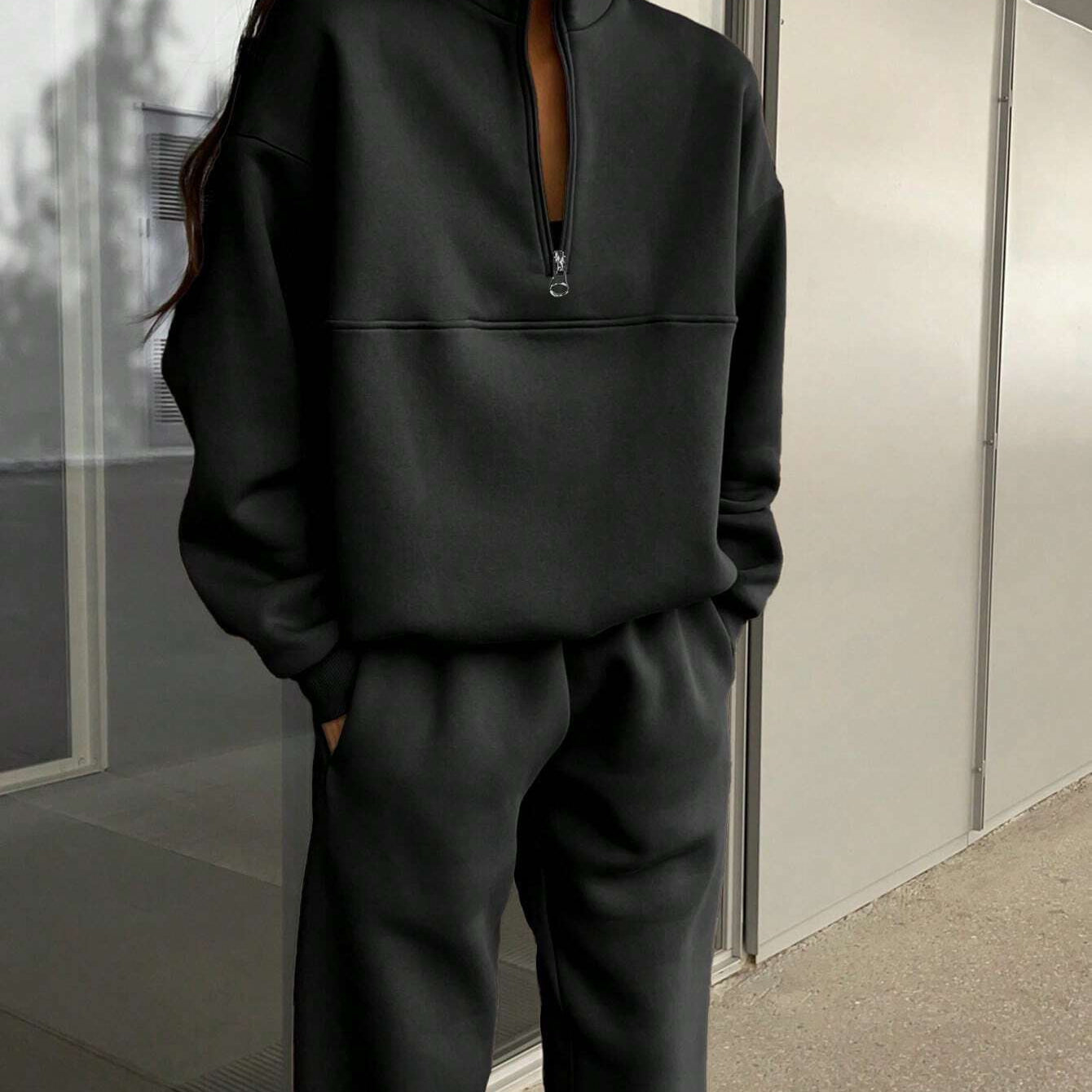 Langry fashion charcoal gray zip-up sweatshirt pants set