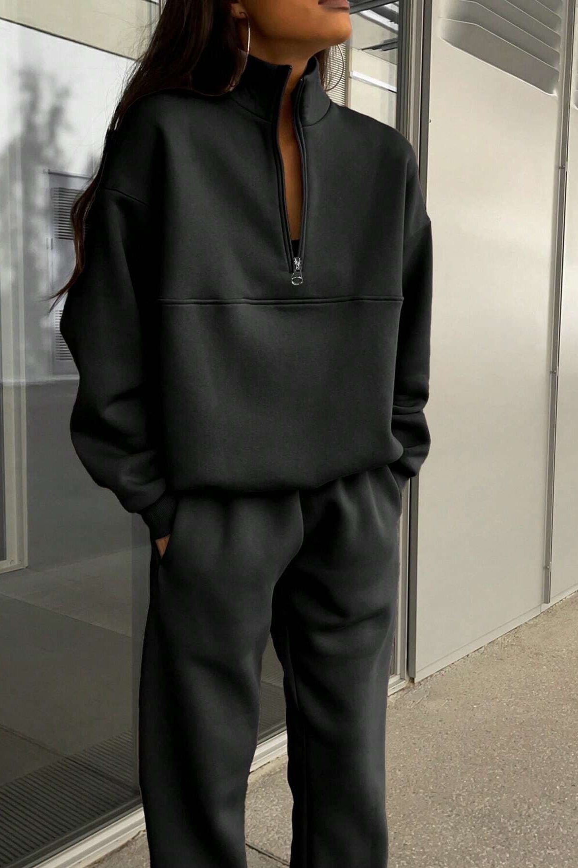 Langry fashion charcoal gray zip-up sweatshirt pants set