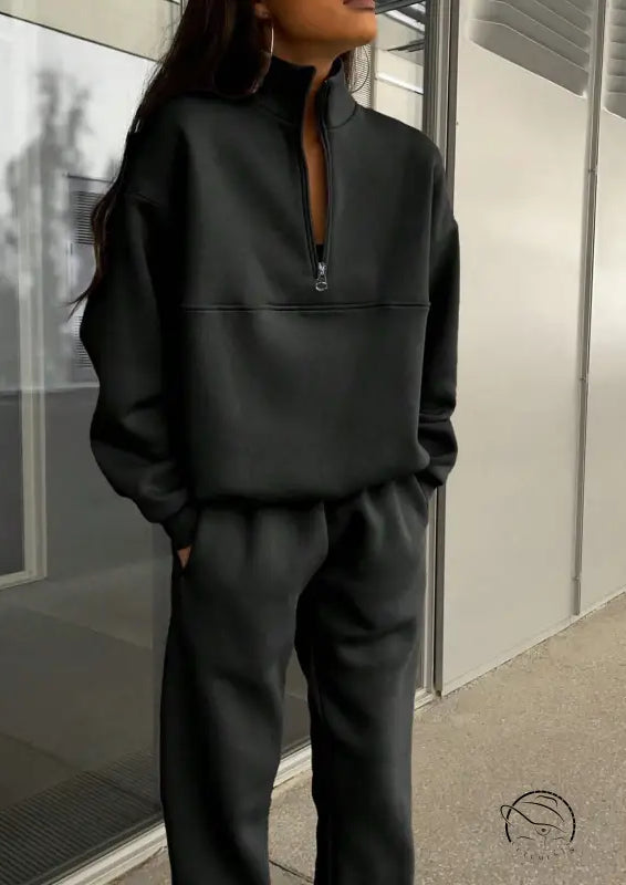 Charcoal gray zipper collared langry fashion two piece set, casual sportswear