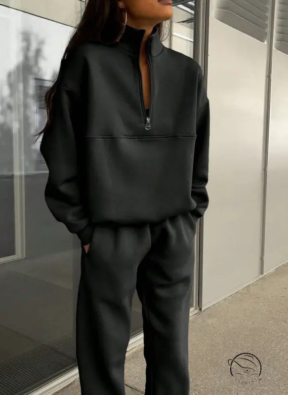 Charcoal gray zipper collared langry fashion two piece set, casual sportswear