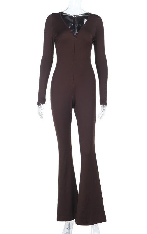 Sleek langry fashion jumpsuit in dark brown with lace-up neckline