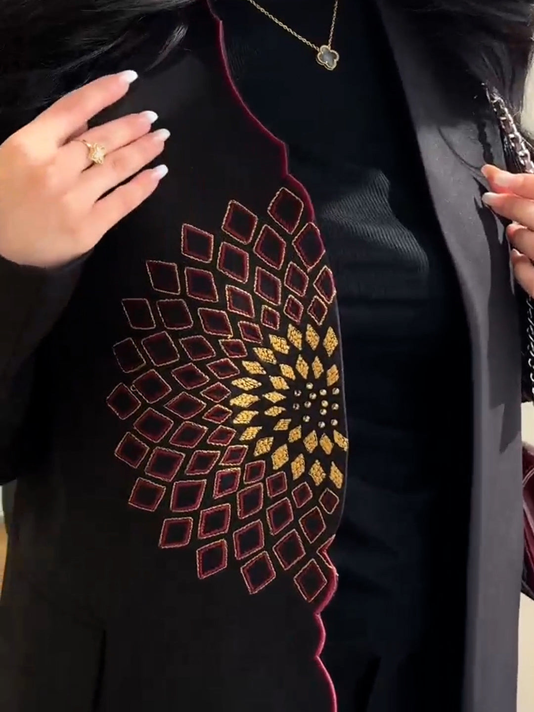 Cozy embroidery loose long trench coat in black with burgundy gold geometric design