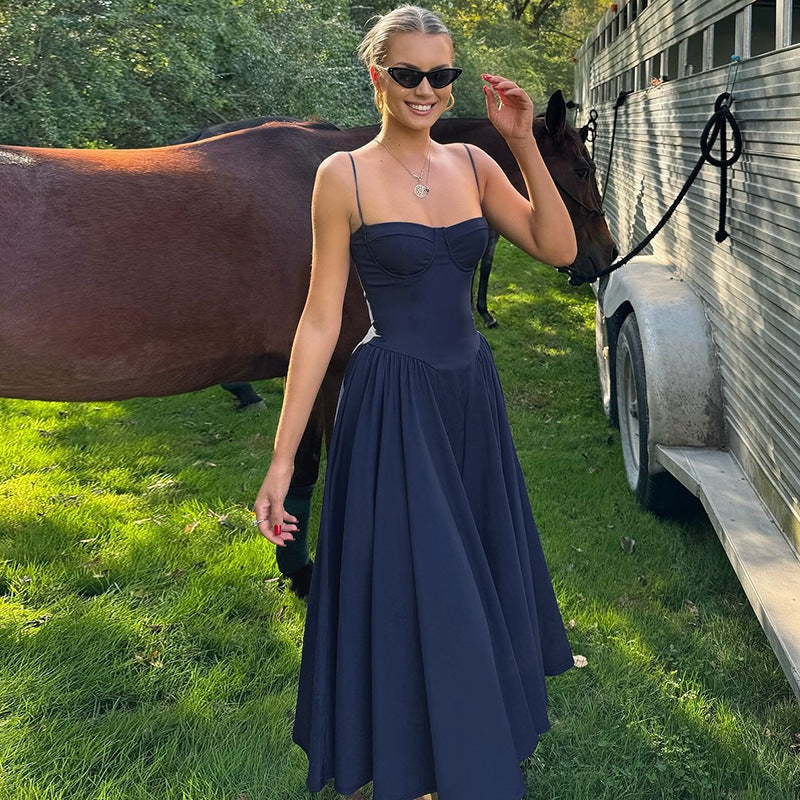 Navy blue spaghetti strap Beautiful Backless Sling Dress for women’s fashion ملابس langry