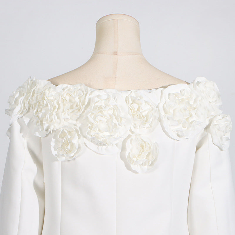 White off-the-shoulder dress with floral embellishments for summer fashion ملابس