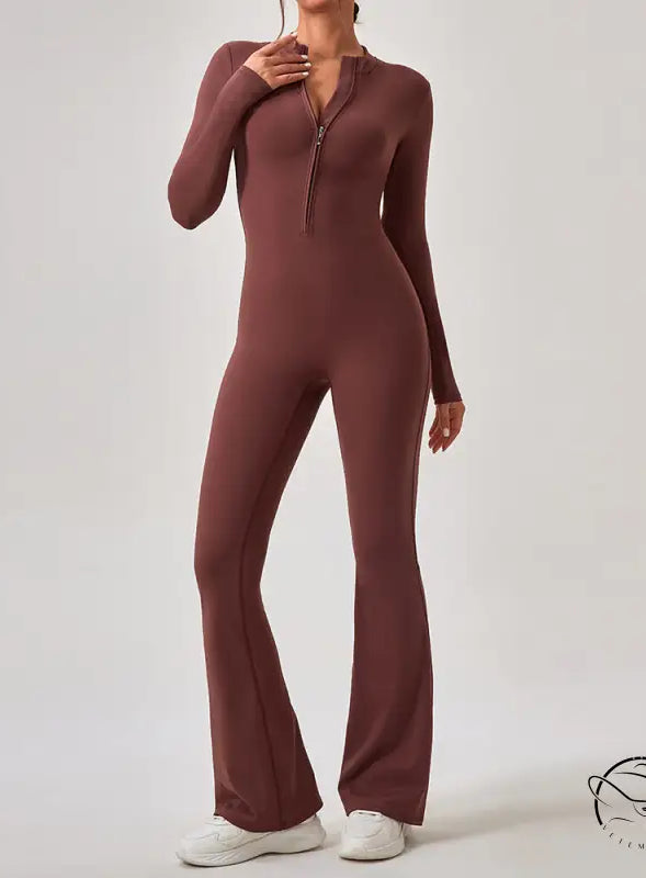 Brown long-sleeved zip-front Comfy One Piece Sportswear jumpsuit with flared legs