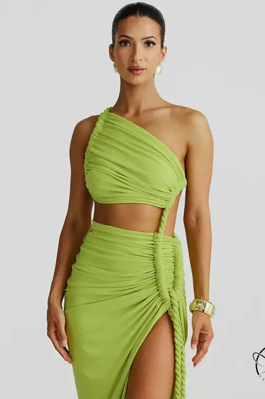 Stunning cutout lace pleated dress in lime green one-shoulder with high slit