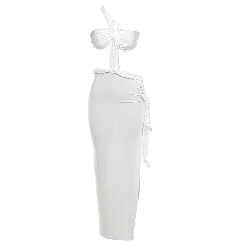 Elegant white one-shoulder cutout dress from Summer Backless Slit Stitching Strap Irregular Dress Women highlighting modern fashion and ملابس style