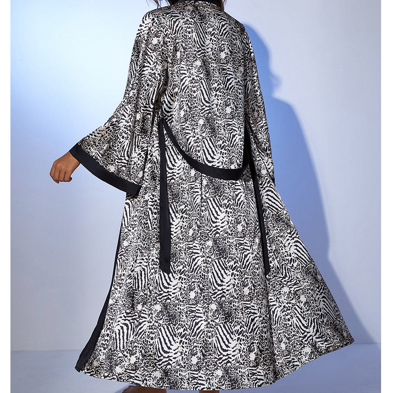 Langry black and white zebra print satin nightgown robe with high collar