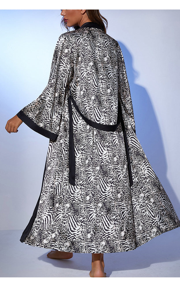 Langry black and white zebra print satin nightgown robe with high collar