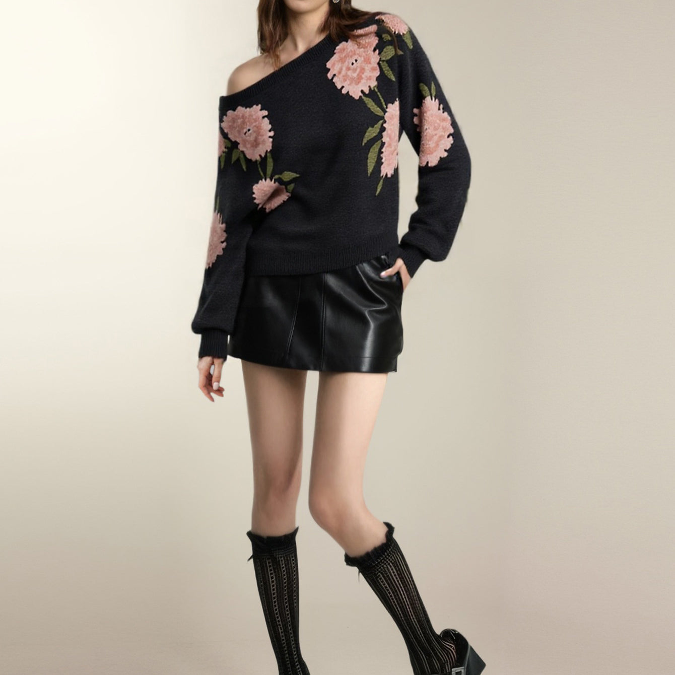 Langry black floral one-shoulder fashion dress with boots