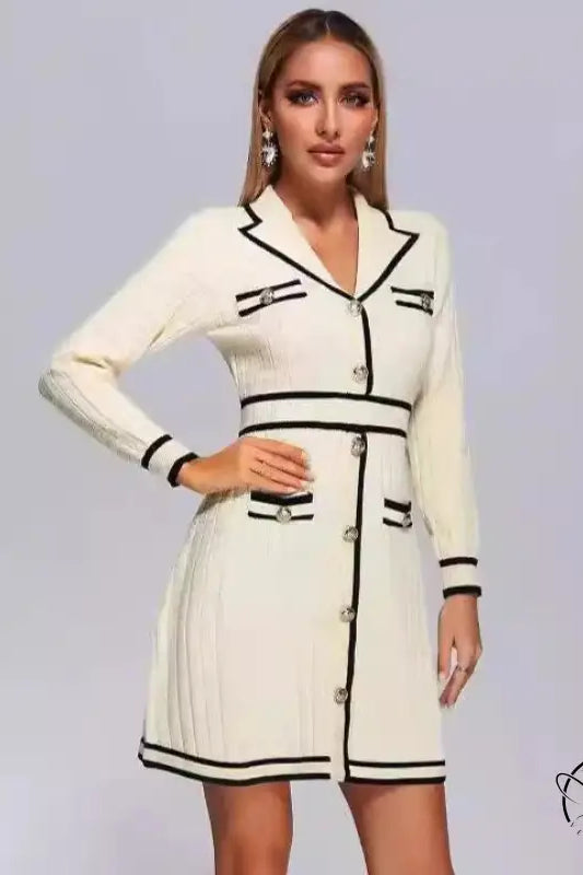 Cream-colored knitted classic dress with black trim