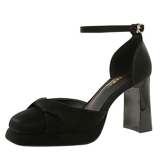 Langry fashion black satin Strap Super High Heel with gold buckle