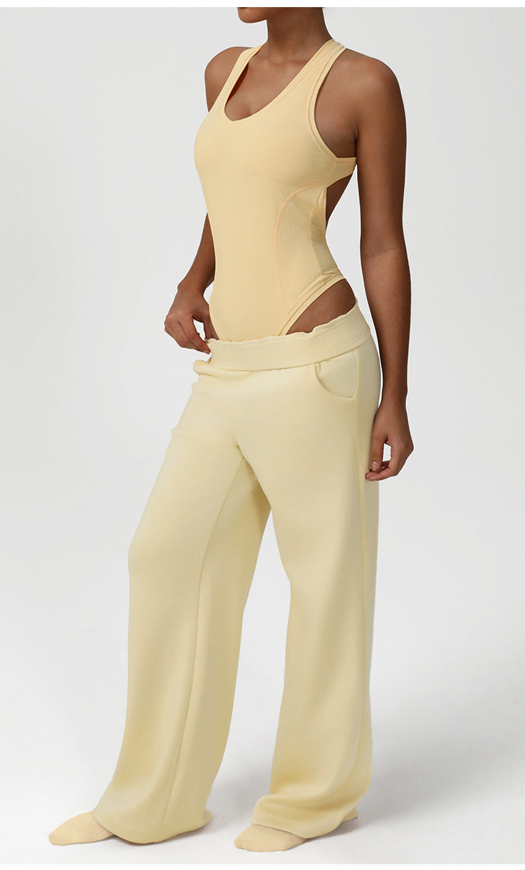 Cream-colored Langry fashion jumpsuit with cutout and high-waisted sweatpants