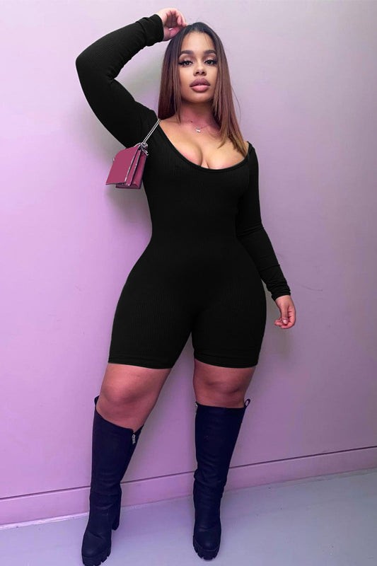 Women Clothing Winter Solid Color Rib u Neck Long Sleeved Slim Fit Hip Raise Sports Jumpsuit