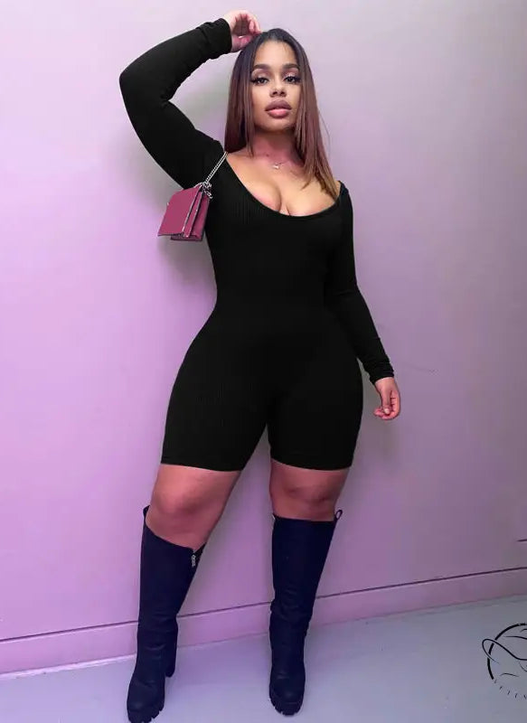 Women Clothing Winter Solid Color Rib u Neck Long Sleeved Slim Fit Hip Raise Sports Jumpsuit