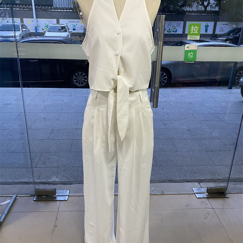 Elegant office jumpsuit set with white halter top and pants for stylish fashion and ملابس