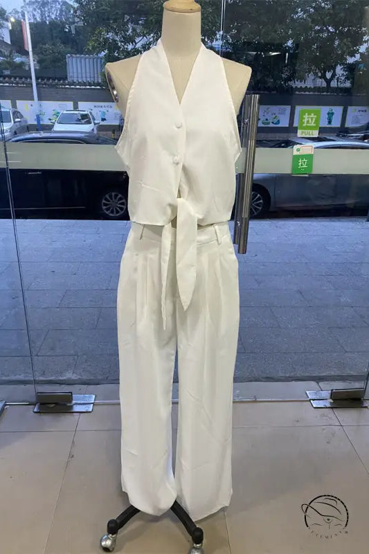 Elegant white halter office jumpsuit set in top and pants