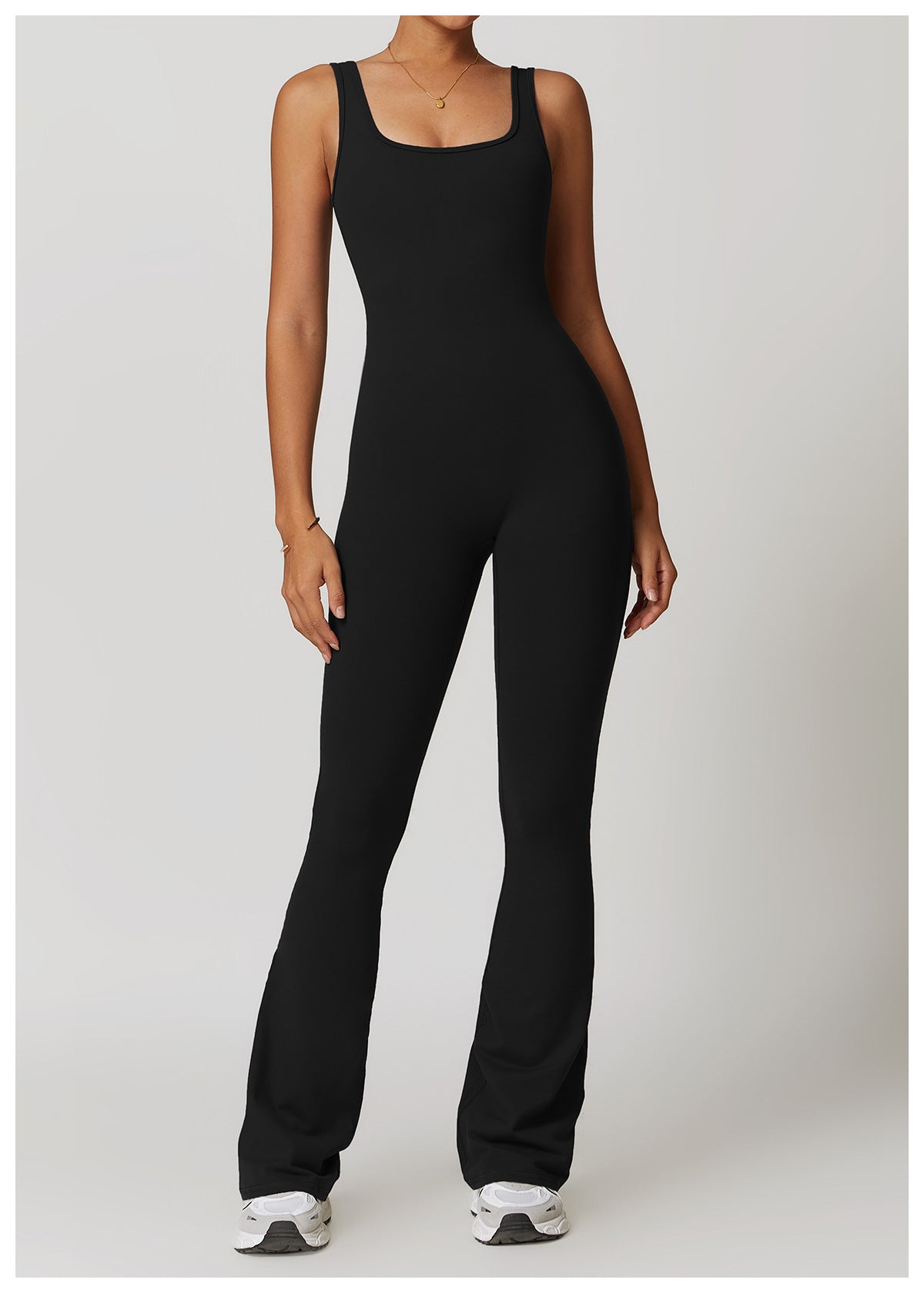 Black sleeveless flared-leg jumpsuit with square neckline ideal for Langry fashion ملابس