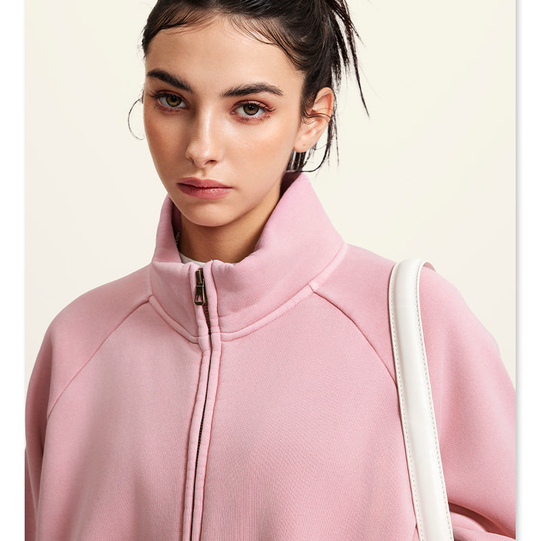 Pink zip-up turtleneck sweatshirt with raglan sleeves for stylish winter fashion ملابس