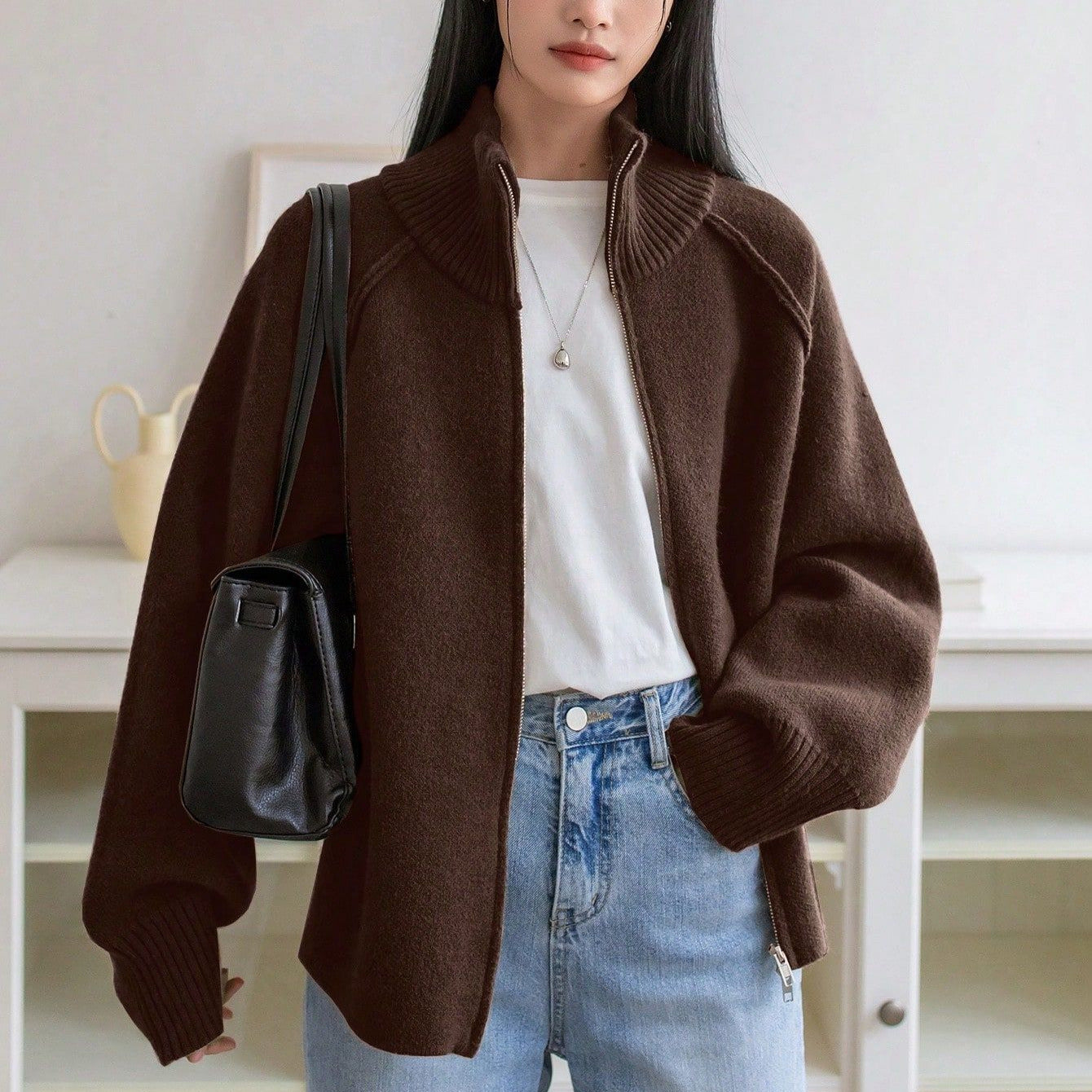 Winter Korean Stand Collar Zipper Knitted Cardigan Top