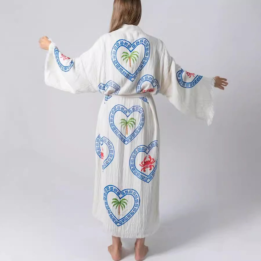 White textured cotton robe with blue heart patterns, green palms, and red crabs, loose positioning printed coat for couples