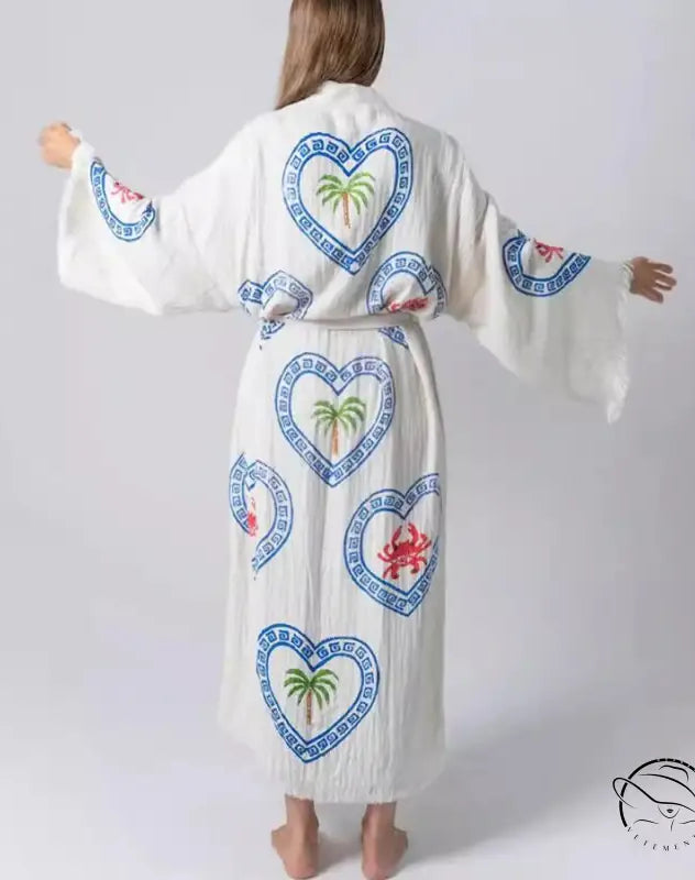 White loose positioning printed cotton robe with heart palm trees and crabs