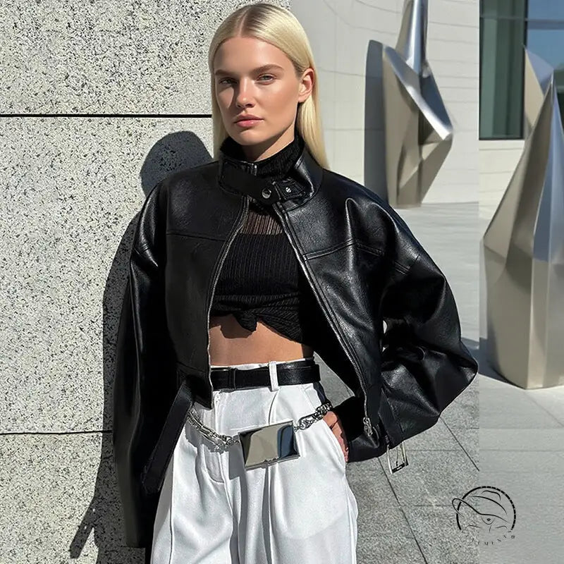 Fashionable langry faux leather matching jacket with silver hardware