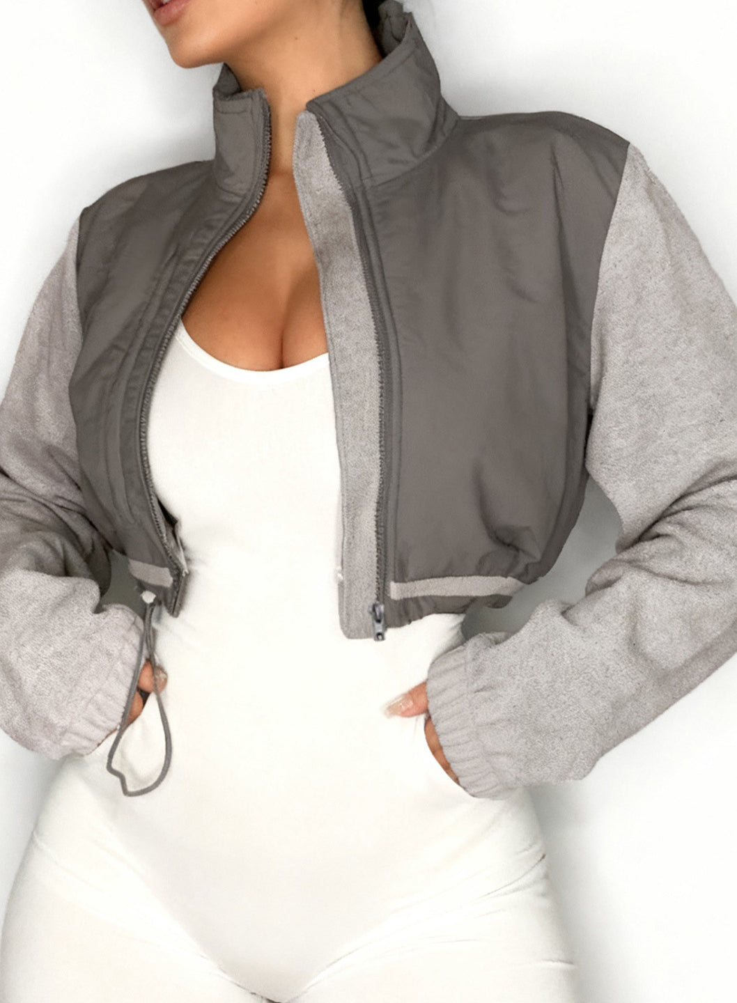 Elegant Langry gray silver cropped polar fleece jacket with zippers in fashion ملابس