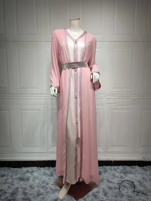 Beautiful pink and silver langry fashion two-piece dress with belt