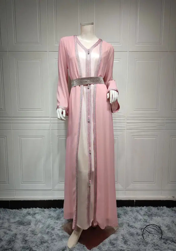 Beautiful pink and silver langry fashion two-piece dress with belt