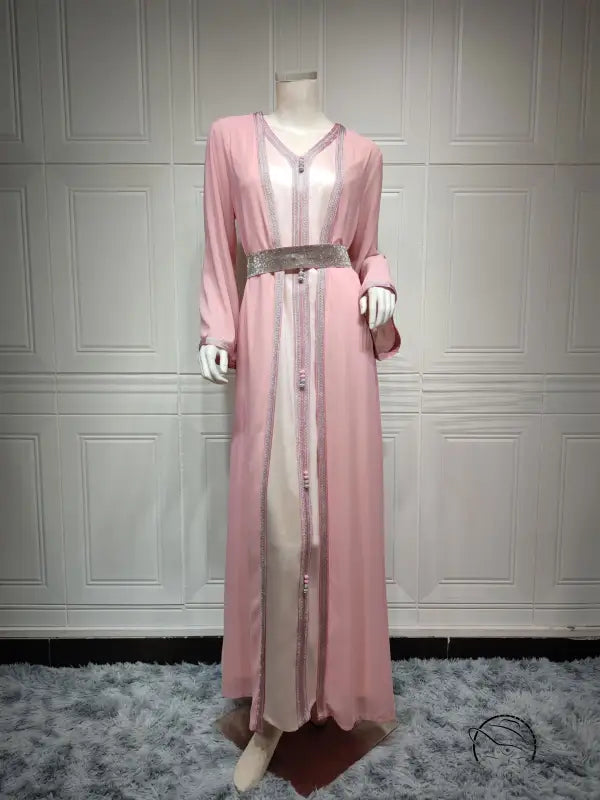 Beautiful pink and silver langry fashion two-piece dress with belt