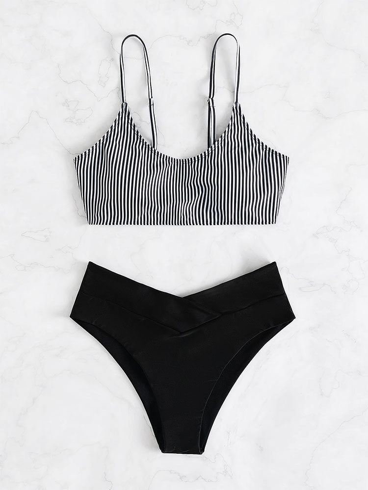 Striped high waist triangle bikini set with high-waisted bottoms for a stylish beach look