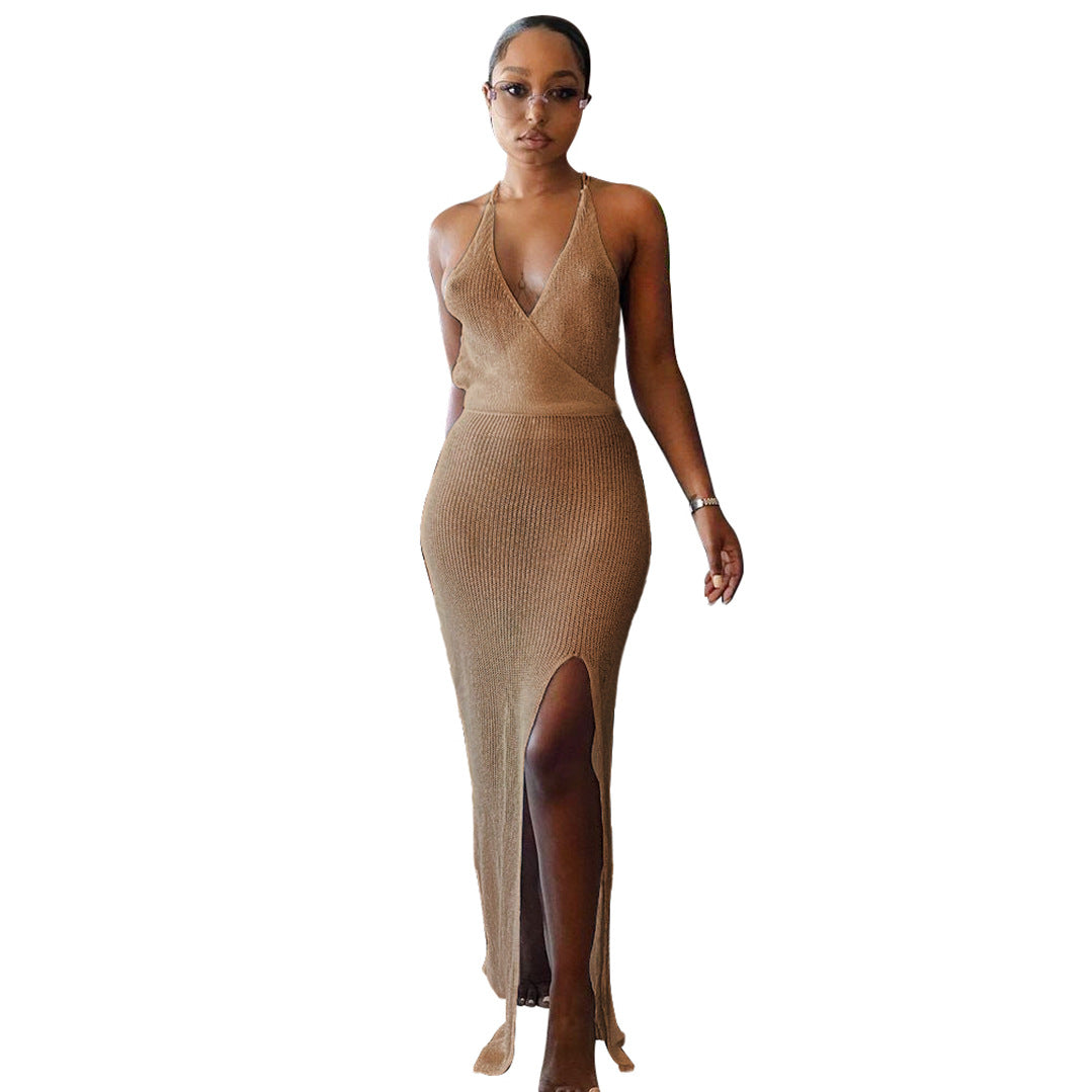 Woman in a light camel knitted beach maxi dress showcasing an elegant beach maxi dress style
