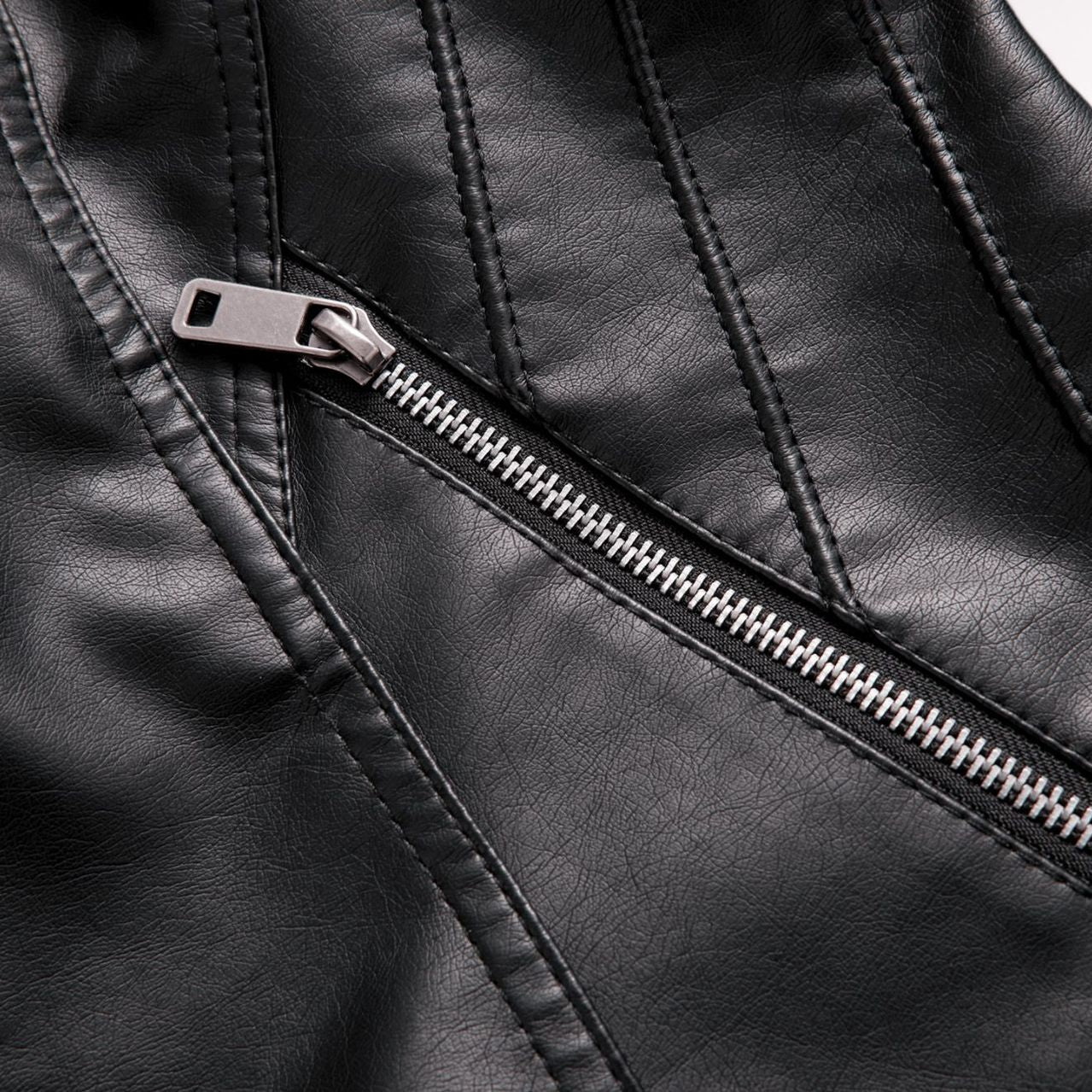 Black leather jacket detail with zipper showcasing luxurious langry fashion and stylish ملابس