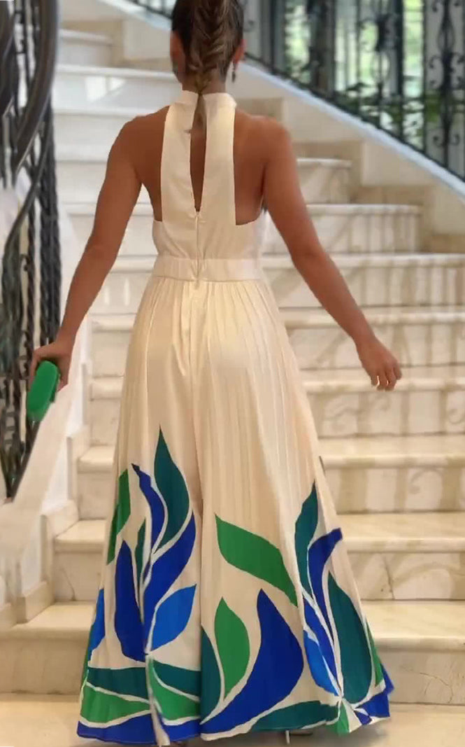 Women’s white summer printed flared shorts jumpsuit with blue and green leaf print