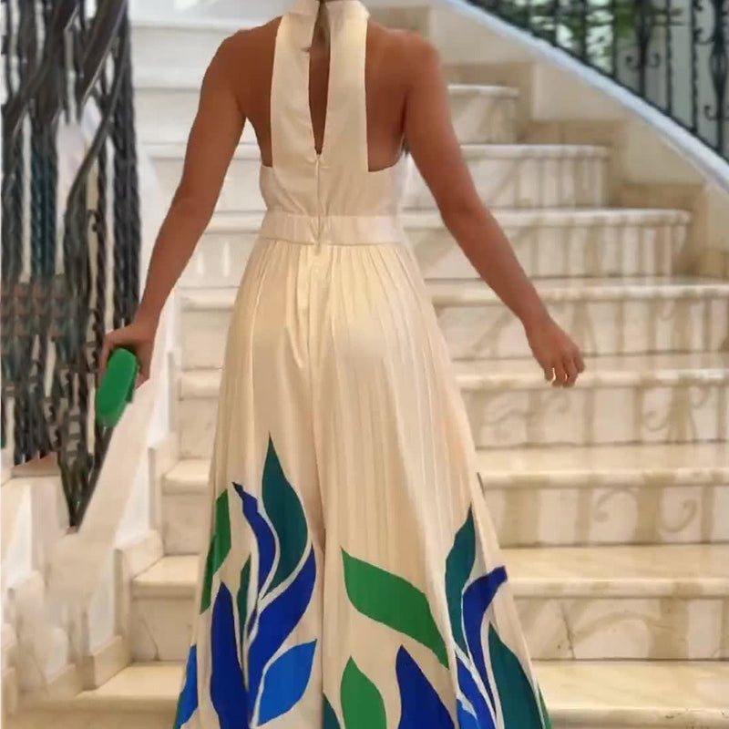 Women’s white summer printed flared shorts jumpsuit with blue and green leaf print